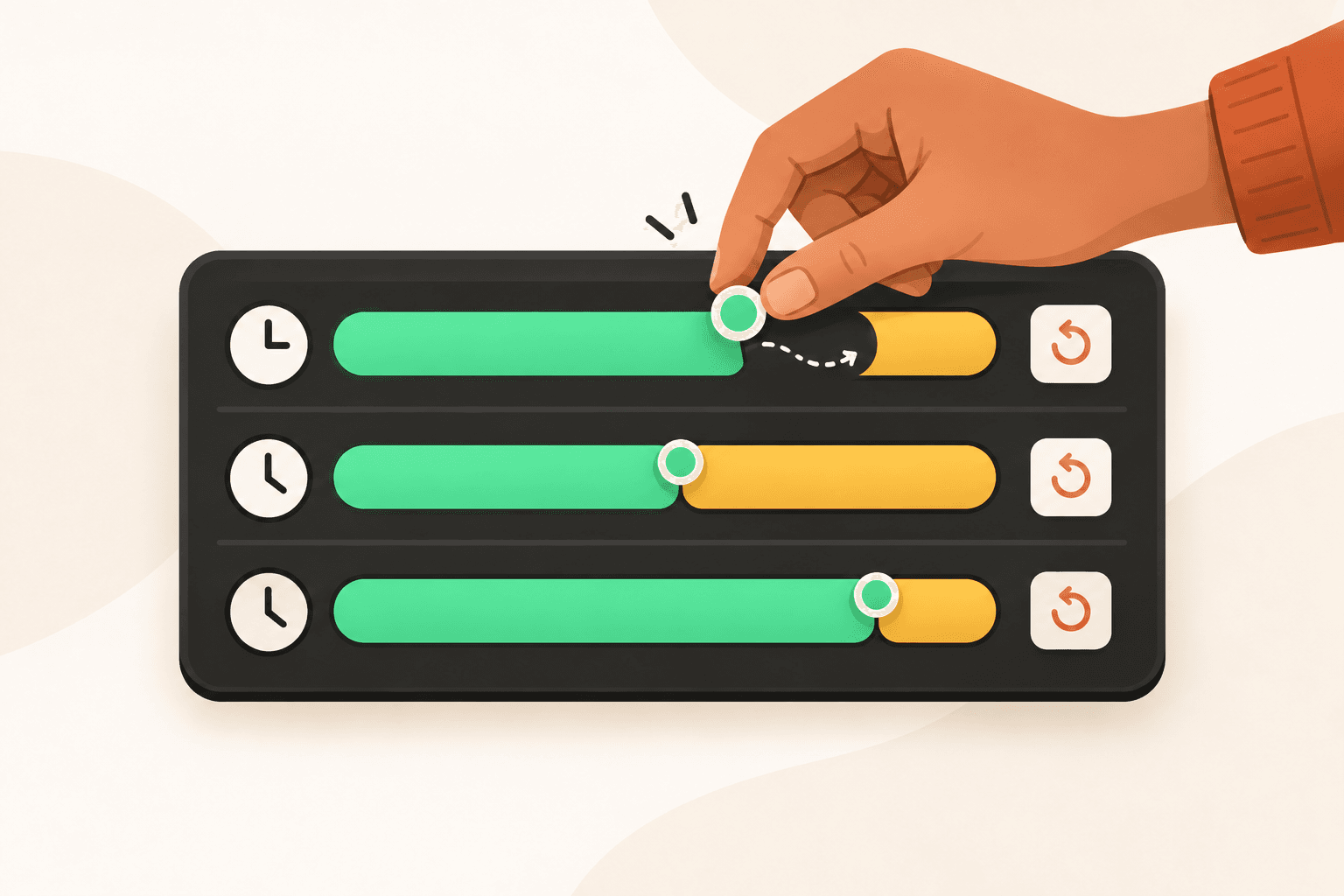 A smooth editorial illustration of three adjustable focus-and-break rhythms on a timer board