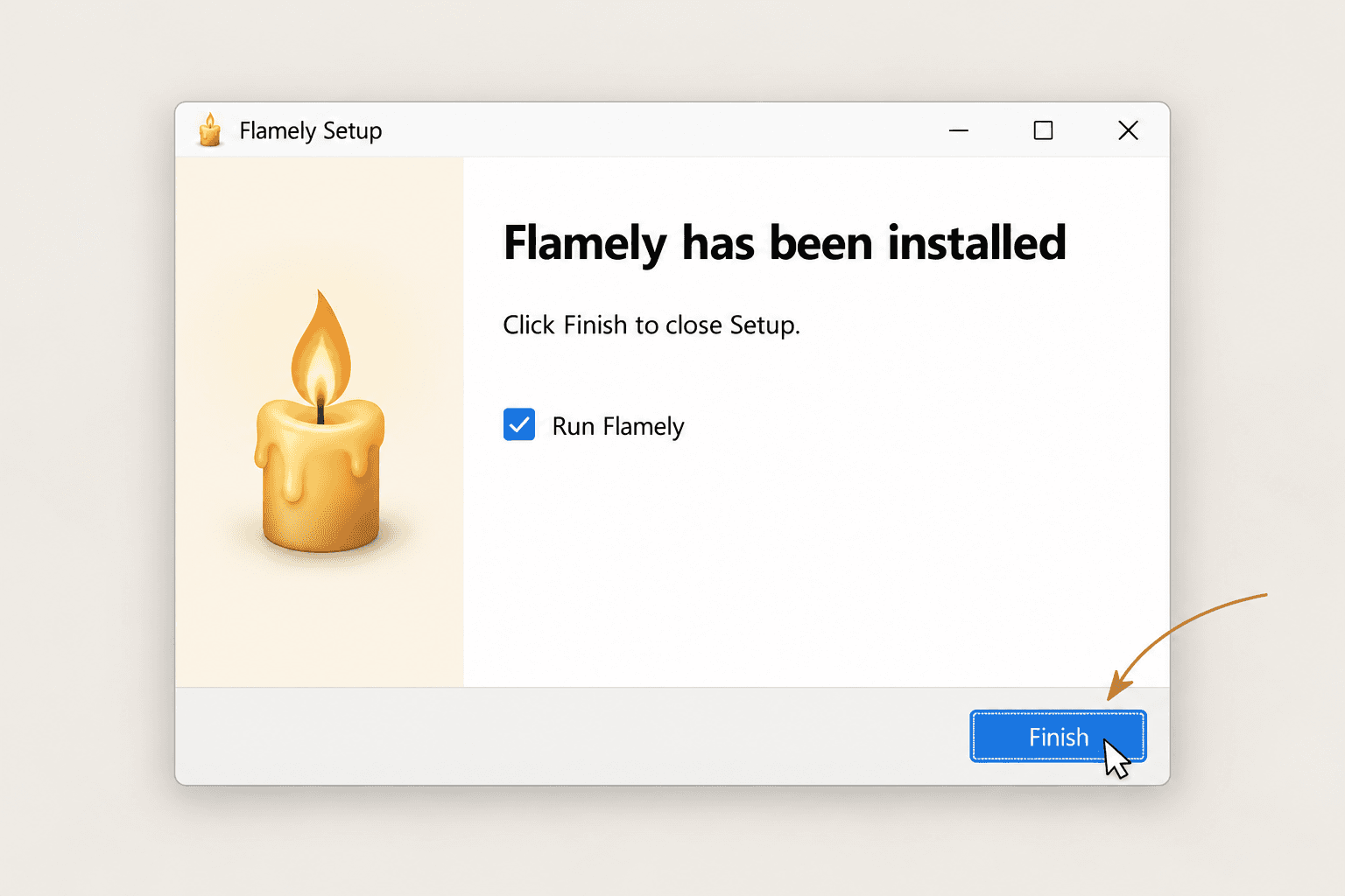 Illustration of the Flamely setup completion screen with Run Flamely selected and the Finish button highlighted.