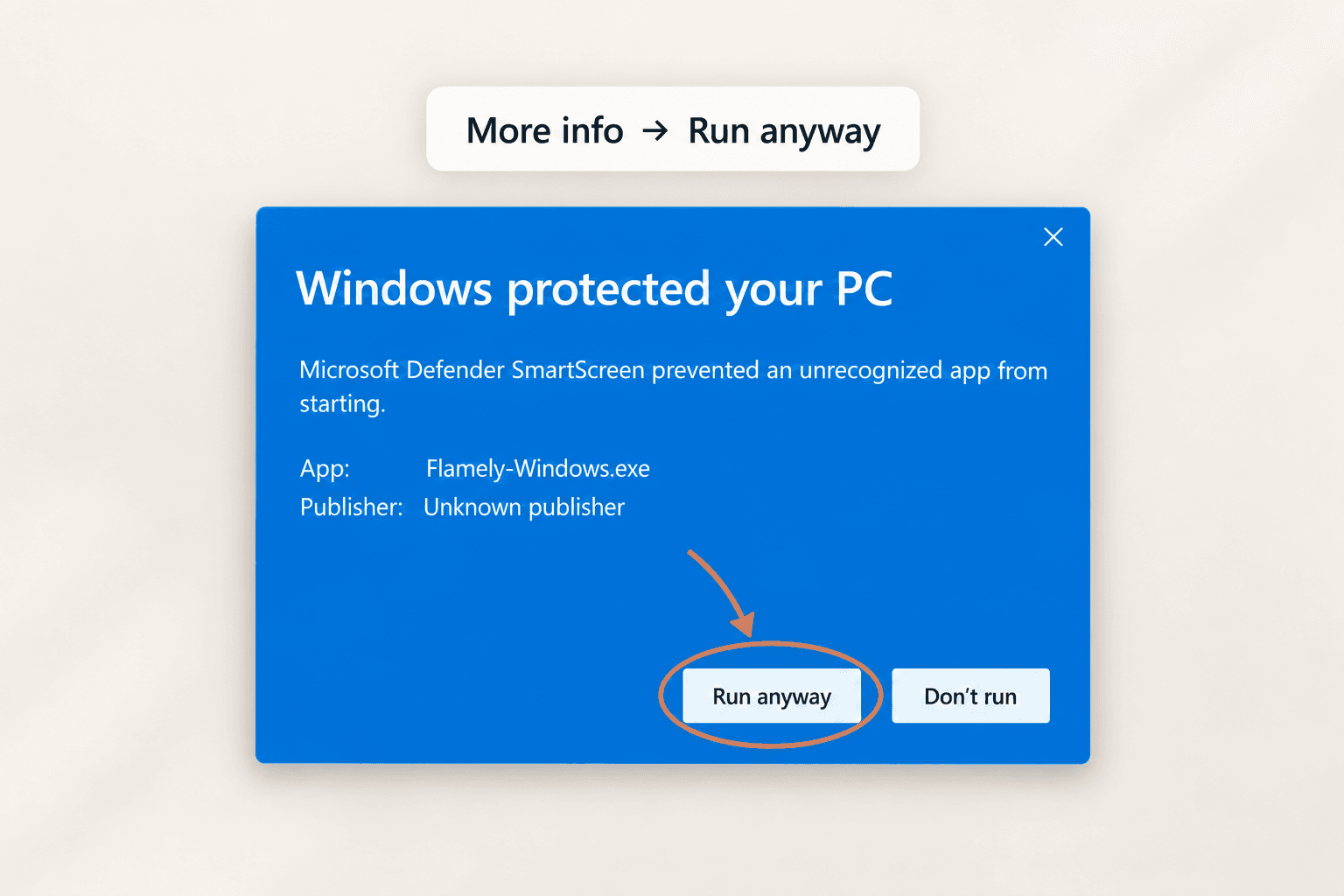 Illustration of the expanded Windows SmartScreen prompt, with Run anyway highlighted after choosing More info.